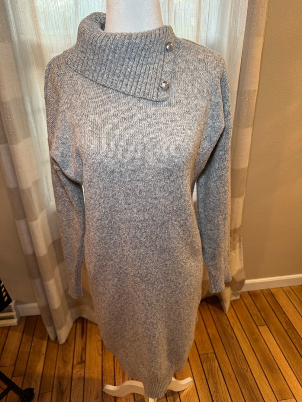 Ralph Lauren Light Gray Button-Trim Cowl Neck Sweater Dress